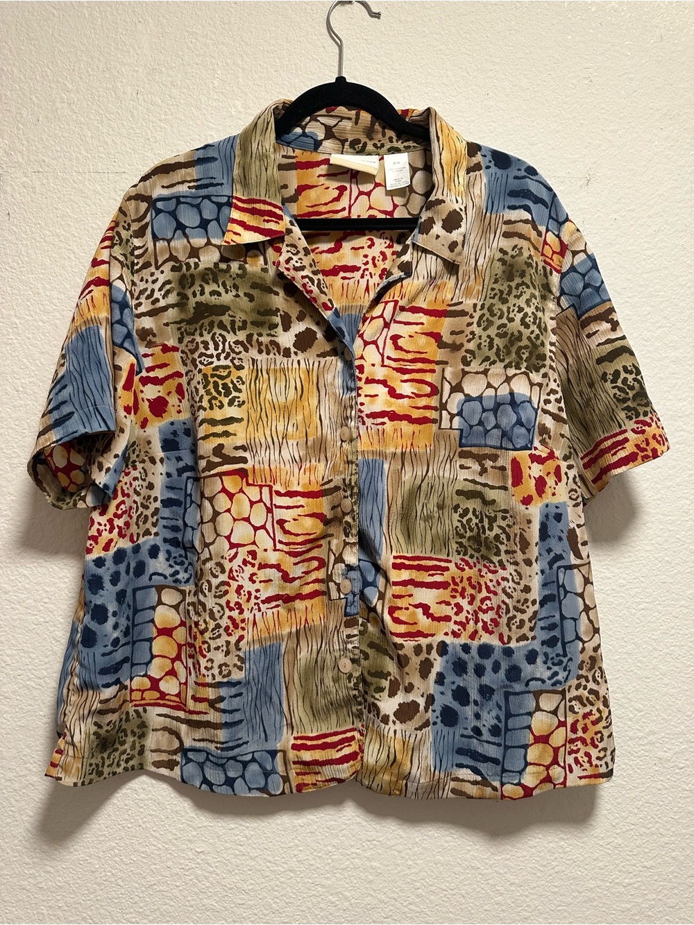 Alfred Dunner 20W Patchwork Animal Print Button Down Blouse Short Sleeve
